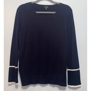 Talbots Women M  Navy Blue Tipped-Cuff Sweater Nautical Pleated Bell Sleeves